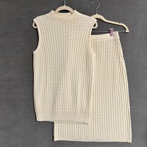 Vintage Panther Sweater‎ Skirt Set L Cream Wool Cable Knit Tank Midi 90s Neutral